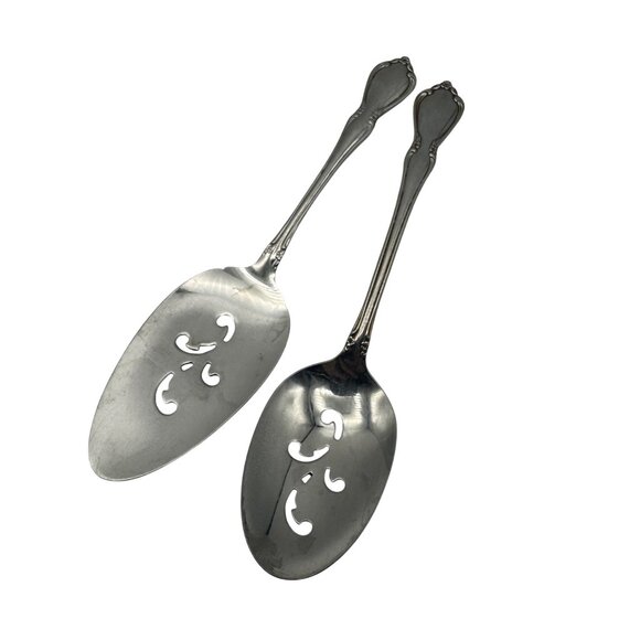 Oneidacraft Deluxe Stainless Steel Pierced Serving Spoons Spatchula  Set Of 2 - Picture 1 of 8
